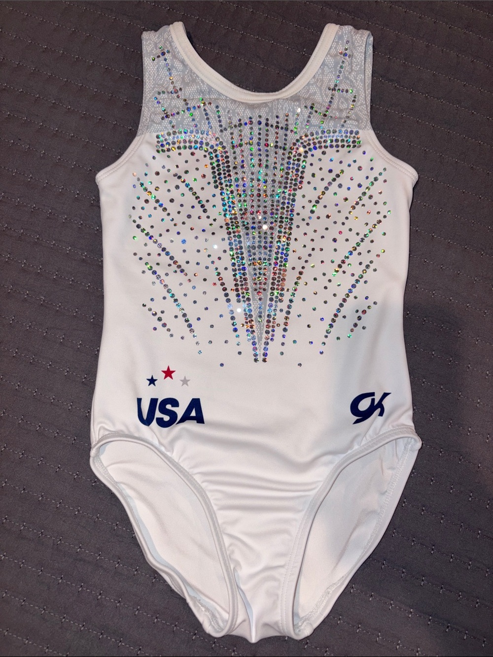 GK White Gymnastics Leotard with Multicolor Rhinestones